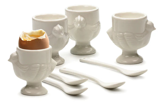 PORCELAIN EGG CUP AND SPOON SET (4 Cups + 4 Spoons)
