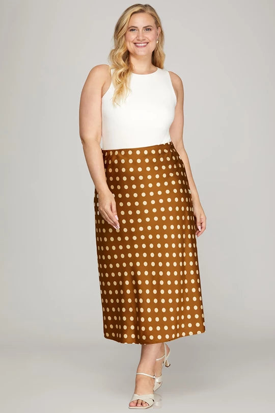 POLKA DOT MIDI SKIRT-BROWN