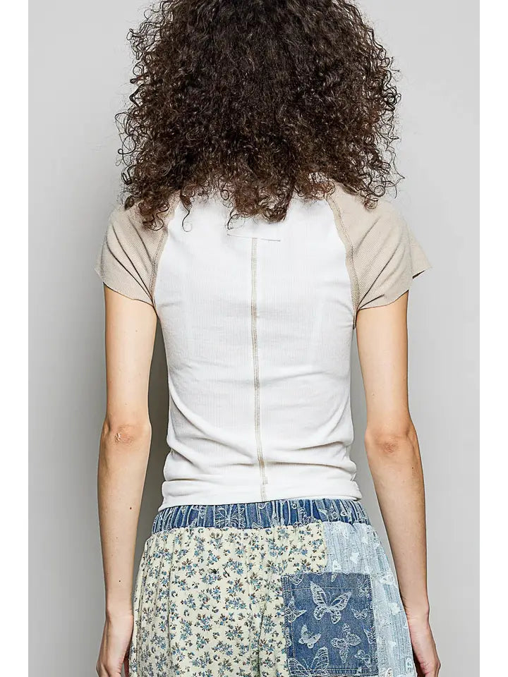 Round Neck Raglan Sleeve Contrast Solid Fitted Rib Top