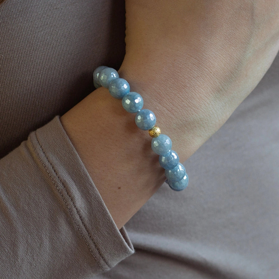 10MM FACETED GEMSTONE BRACELET AQUAMARINE