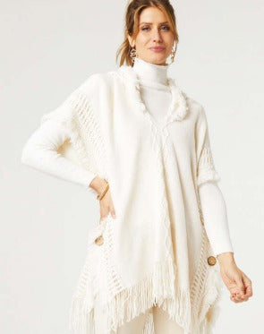 Eloise Hoodie Poncho with Frayed Fringe- Cream