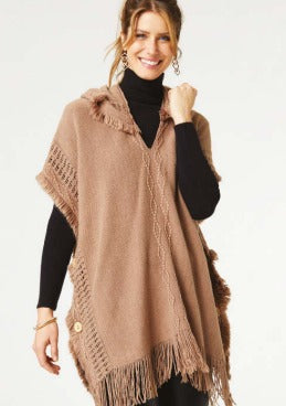 Eloise Hoodie Poncho with Frayed Fringe- Mushroom