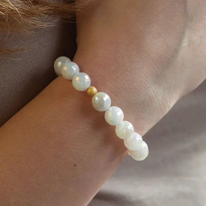10MM FACETED GEMSTONE BRACELET WHITE JADE