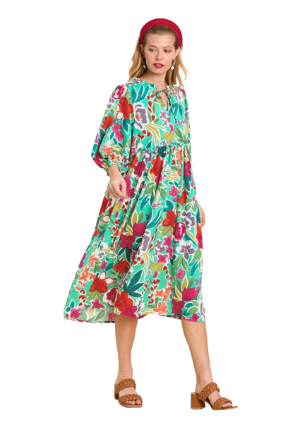 Floral Peasant Dress- Green