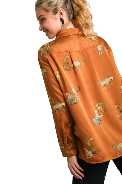 Satin Animal Print Top- Brown