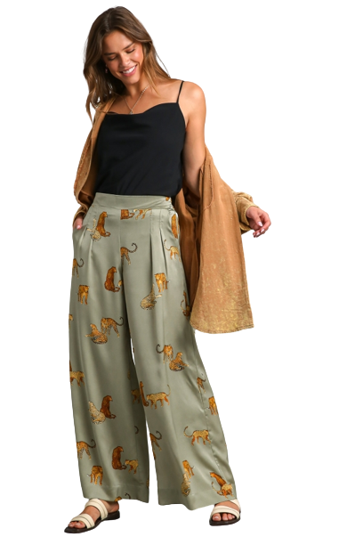 Satin Animal Print Pants- Light Olive