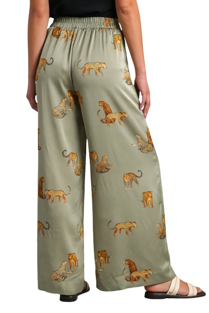 Satin Animal Print Pants- Light Olive
