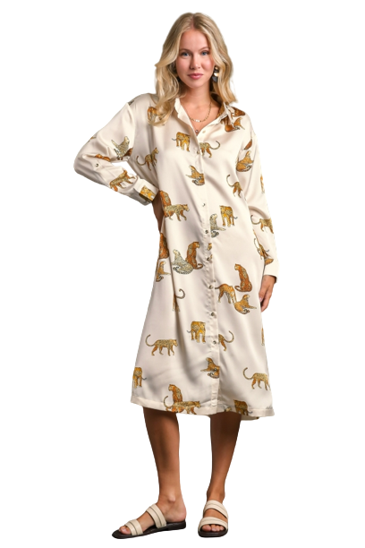 Cheetah Midi Button Down Dress- Champagne
