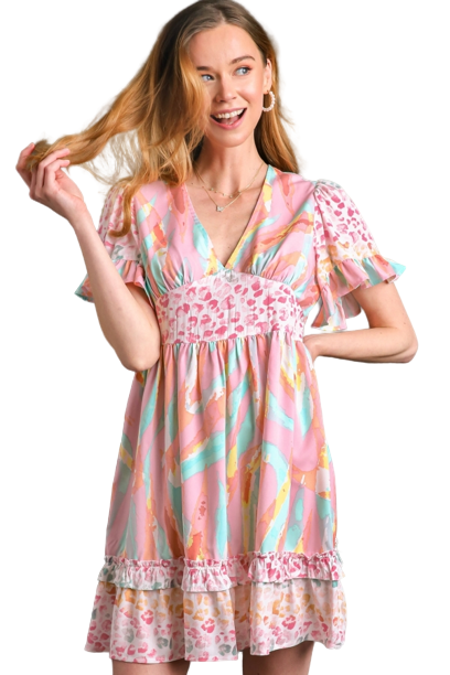 Print Ruffle Dress- Pink