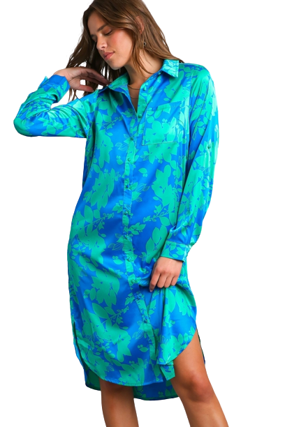 Satin Button Down Dress- Ocean