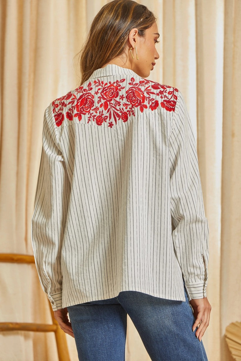 Floral Embroidered Button Down