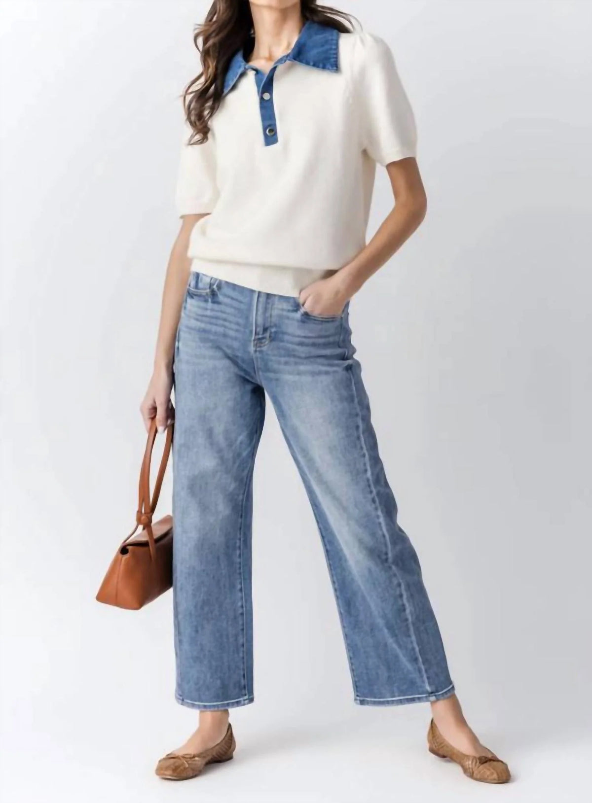 DENIM COLLAR KNIT SWEATER