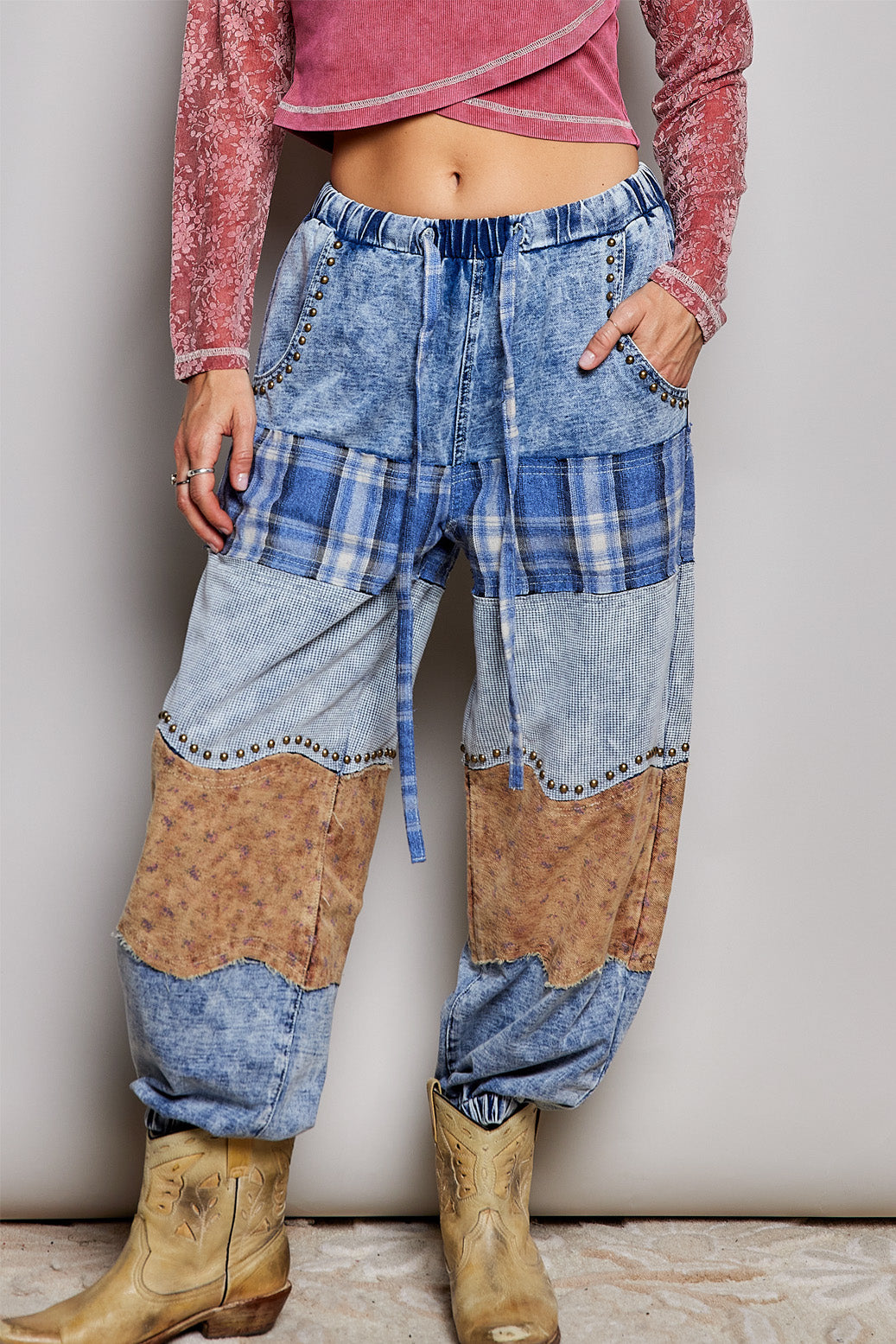 PLAID PATCHWORK DENIM JOGGERS