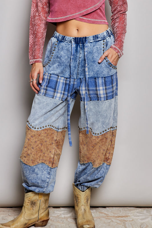PLAID PATCHWORK DENIM JOGGERS