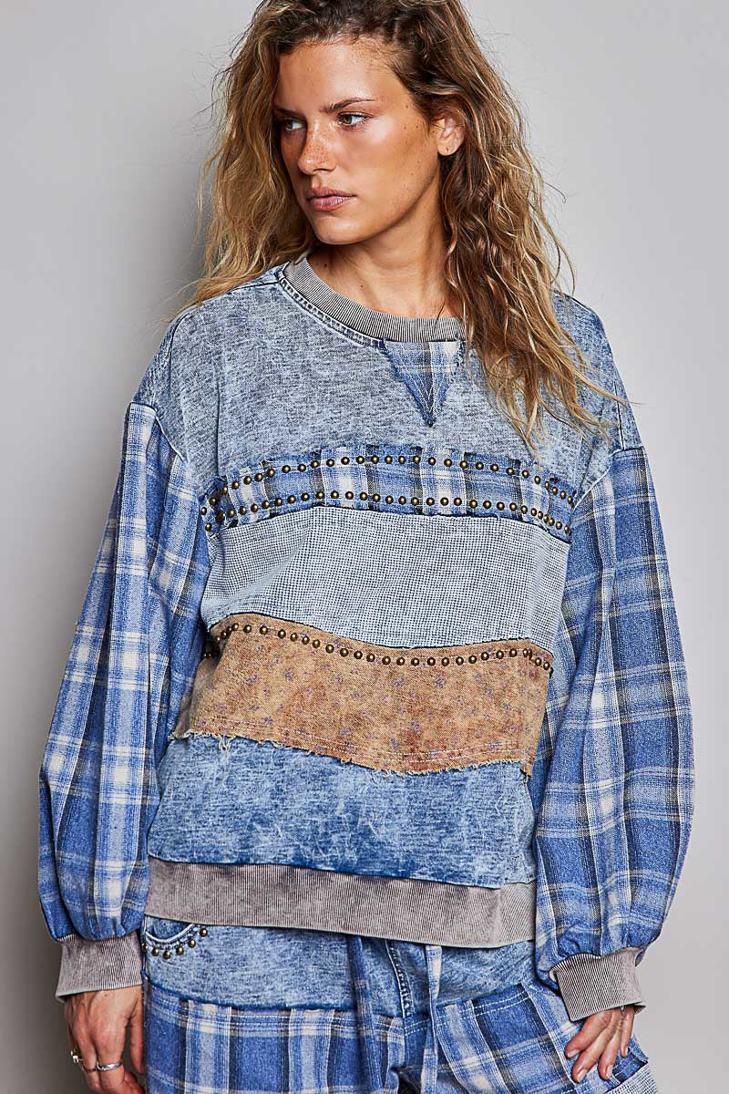 PLAID PATCHWORK DENIM TOP