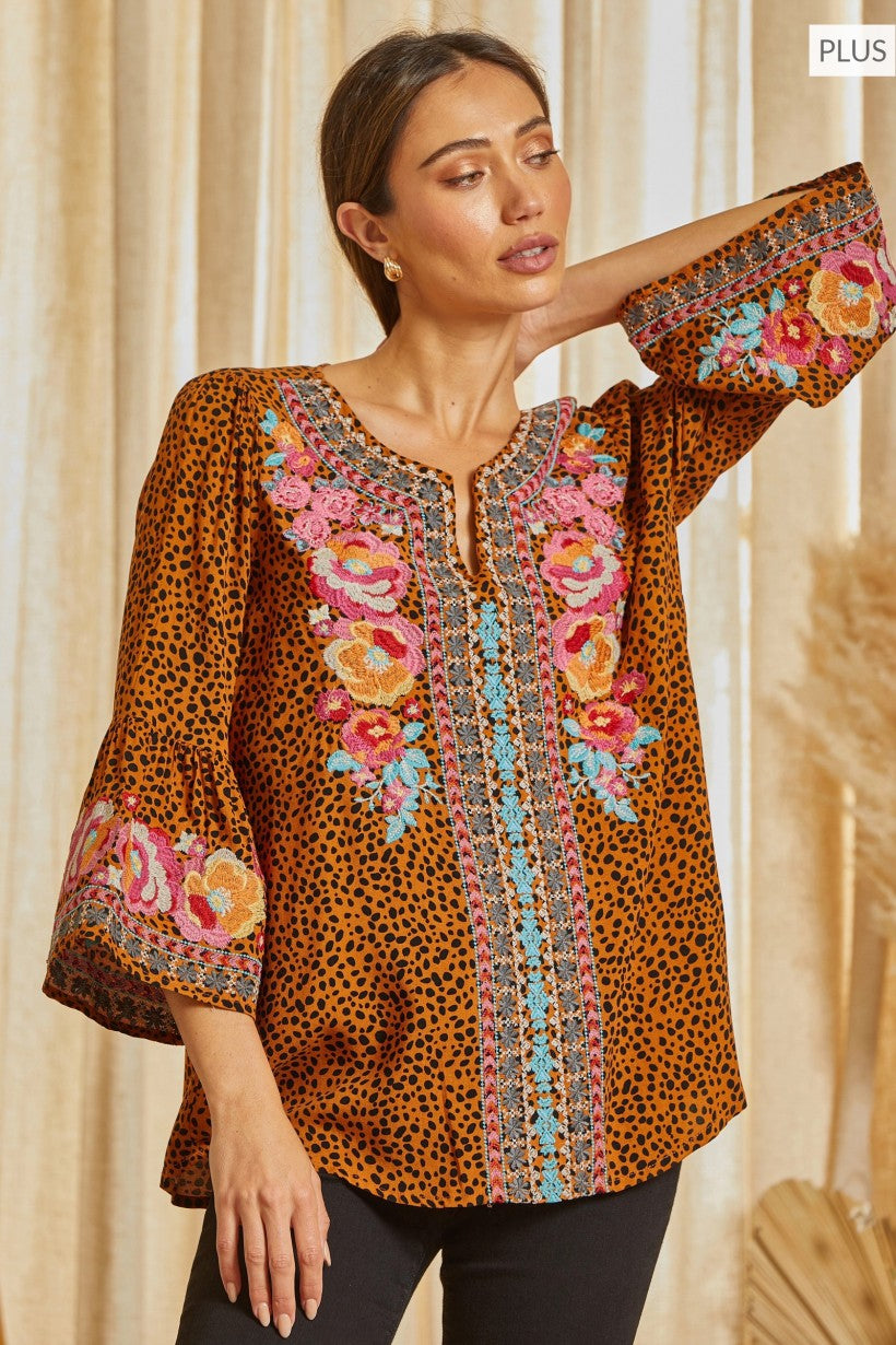 Embroidered Leopard Blouse Plus