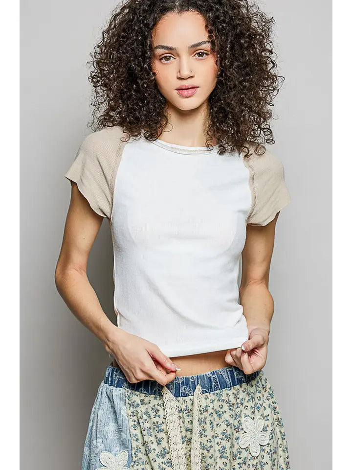 Round Neck Raglan Sleeve Contrast Solid Fitted Rib Top