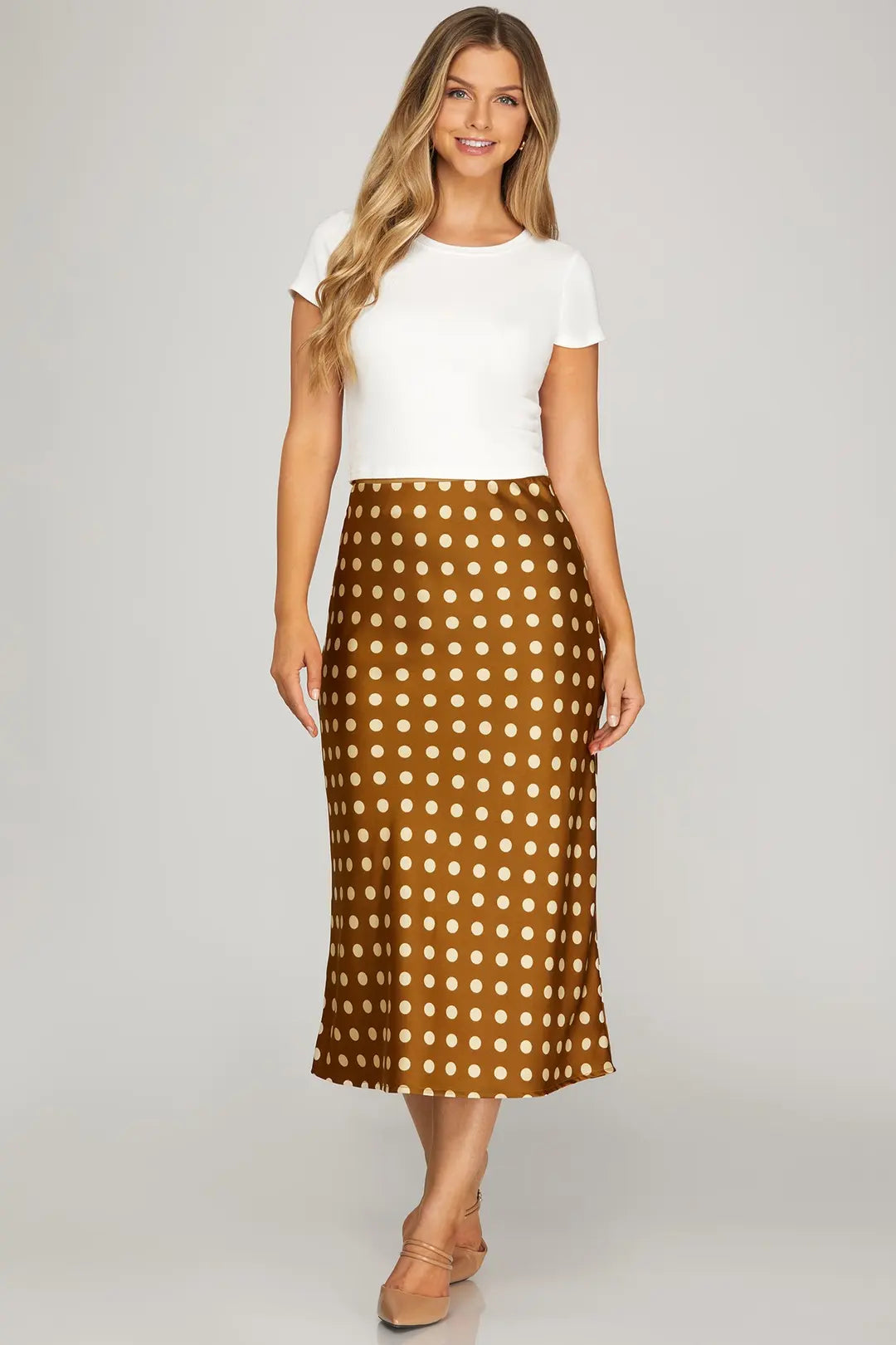 POLKA DOT MIDI SKIRT-BROWN