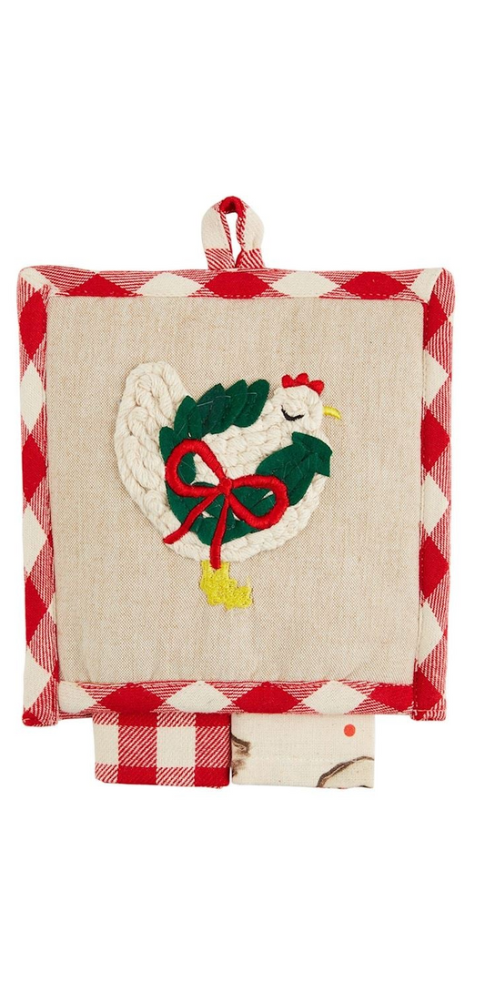 CHRISTMAS FARM ANIMAL POT HOLDER AND TOWEL SETS- CHICKEN