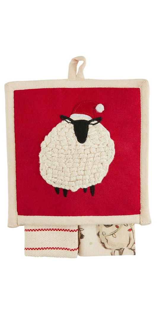 CHRISTMAS FARM ANIMAL POT HOLDER AND TOWEL SETS- SHEEP