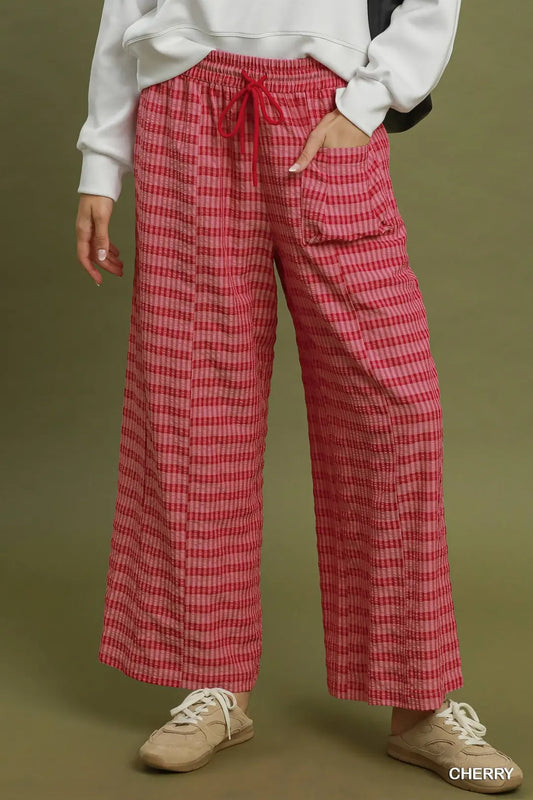 CHERRY PLAID ELASTIC WAIST PANT