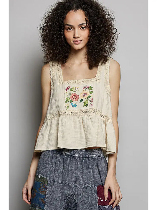 EMBROIDERED TANK NATURAL