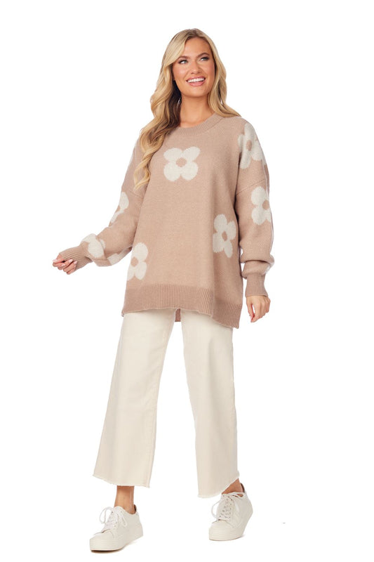 JADIE FLORAL SWEATER- TAN