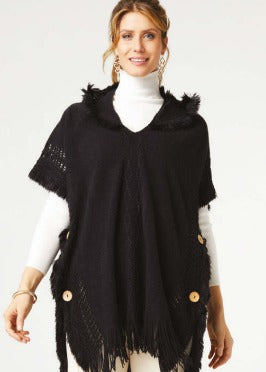 Eloise Hoodie Poncho with Frayed Fringe- Black
