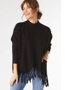 Heavenly- Luxe Flowy Mock Neck Fringe (Black)