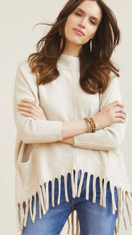 Heavenly- Luxe Flowy Mock Neck Fringe (Oatmeal)