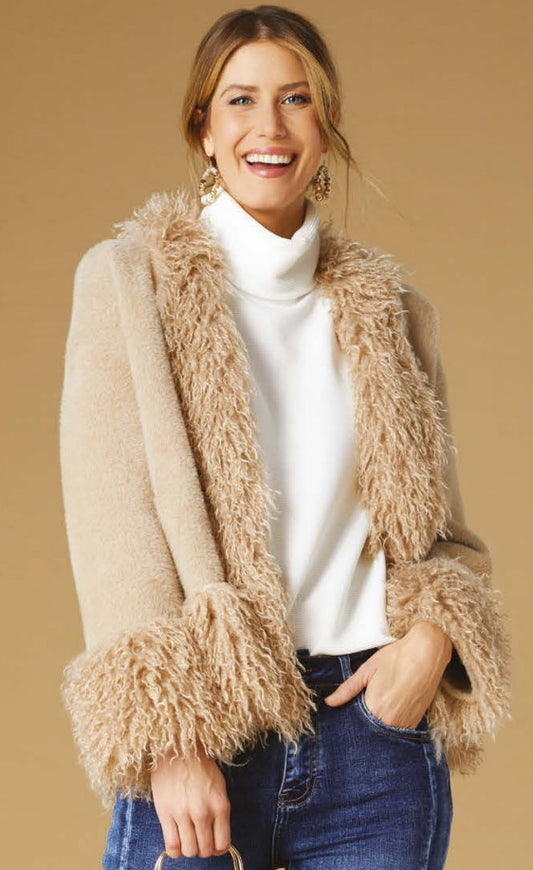 Marley Cardigan with Shaggy Faux Fur- Taupe