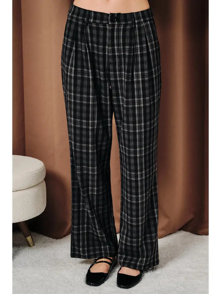 PLEATED PLAID WIDE LEG