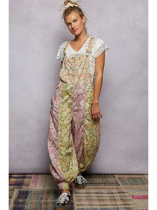 Boho Floral Print Lace Trim Woven Front Zip Overall