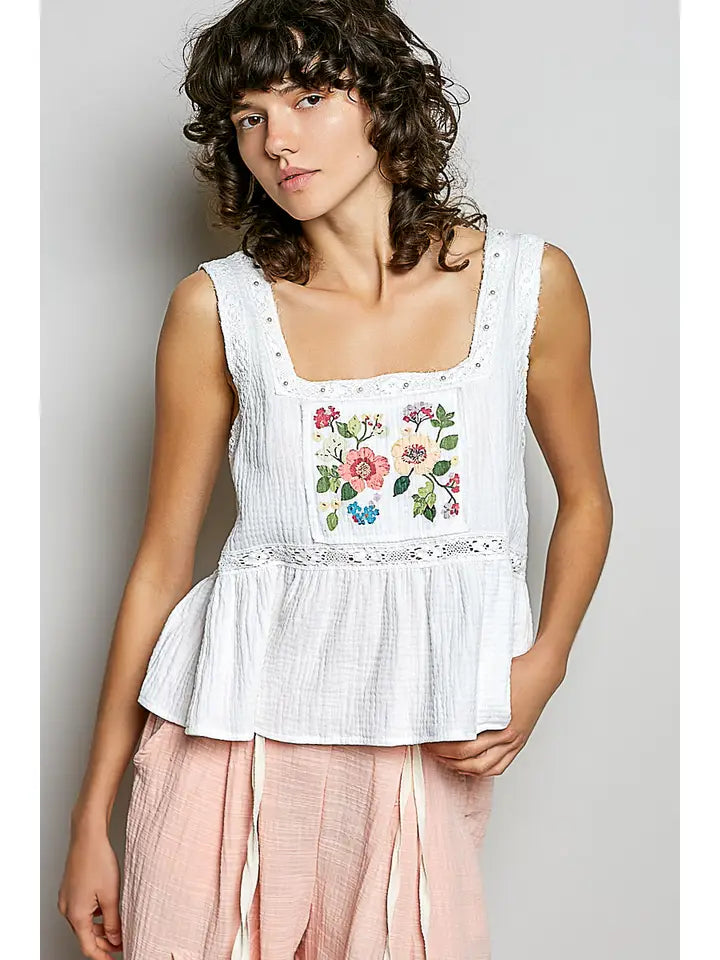 EMBROIDERED TANK OFF WHITE