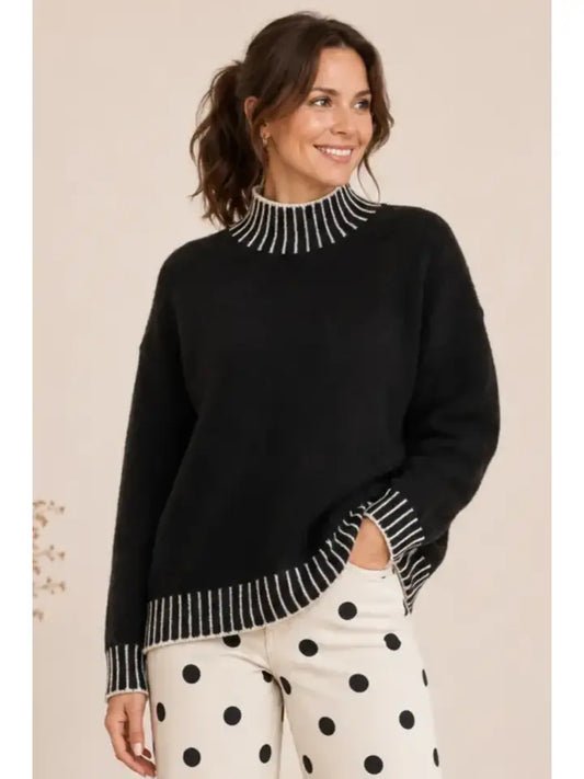 MOCK NECK FUZZY SWEATER W/CONTRAST STITCHING BLACK
