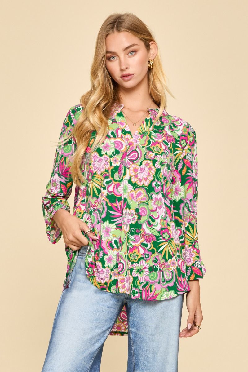LIZZY SHIRT- KELLY GREEN FLORAL