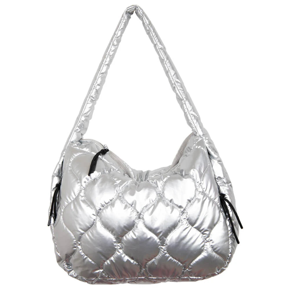 METALLIC SILVER WAVE QUILTED HOBO TOTE BAG